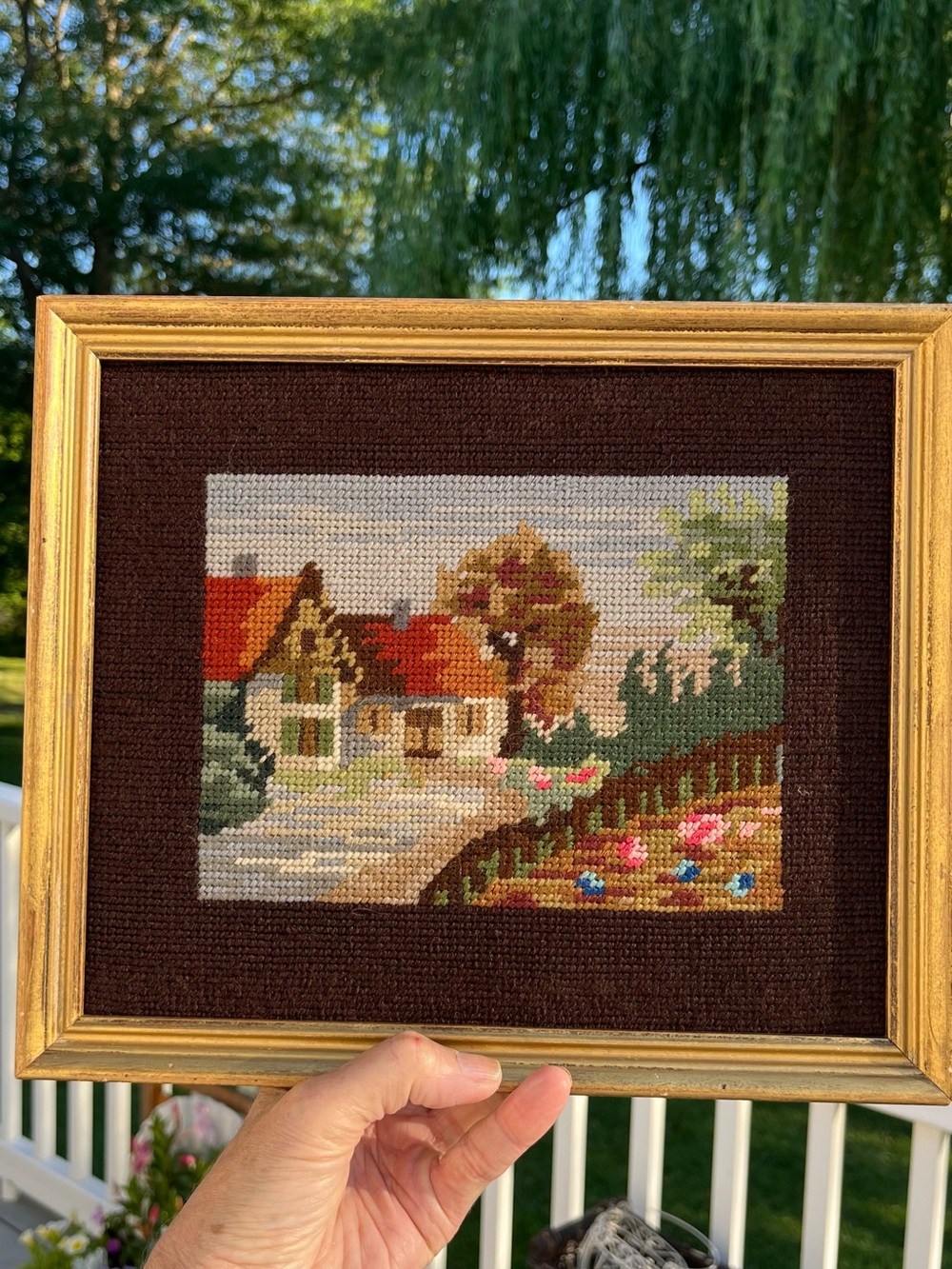 Framed Vintage needlepoint Cottage Landscape in Gold Frame - Multicolor